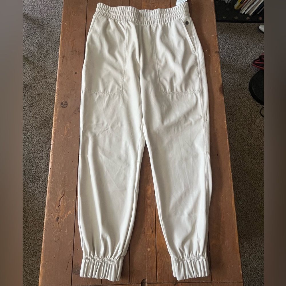Calia Ath-Leather High Rise Jogger Pants Faux Leather Cream NWT Athleisure